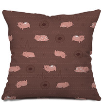 Happy Pink Piggies With White Patterns And Brown Background Pillows 85809212