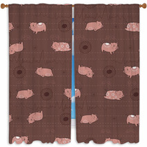 Happy Pink Piggies With White Patterns And Brown Background Window Curtains 85809212