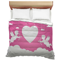 Happy Valentine Day Heart Shape And Cupid On Sky Paper Art Styl Bedding 134949091