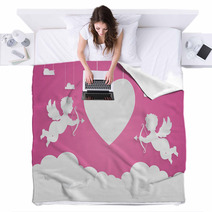 Happy Valentine Day Heart Shape And Cupid On Sky Paper Art Styl Blankets 134949091