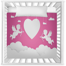 Happy Valentine Day Heart Shape And Cupid On Sky Paper Art Styl Nursery Decor 134949091