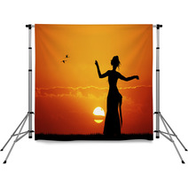 Hawaiian Dancing Woman Sunset Silhouette Backdrops 65132061