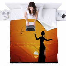 Hawaiian Dancing Woman Sunset Silhouette Blankets 65132061