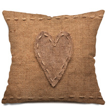 Heart Made Of Burlap  Lies On A Sacking  Background Pillows 83785779