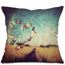Heart Shape Made Of Butterflies On Vintage Field Background Pillows 59862586