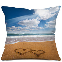 Hearts Drawn On The Sand Of A Beach Pillows 59486675
