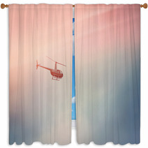 Helicopter Flying In The Blue Sky With Sunlight Window Curtains 143355564