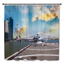 Helicopter On The Launch Platform In New York With City Skyline Bath Decor 60666898