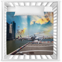 Helicopter On The Launch Platform In New York With City Skyline Nursery Decor 60666898