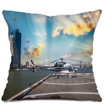 Helicopter On The Launch Platform In New York With City Skyline Pillows 60666898