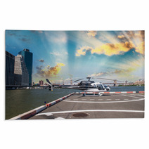 Helicopter On The Launch Platform In New York With City Skyline Rugs 60666898