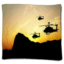 Helicopter Silhouettes On Sunset Background Blankets 43361549