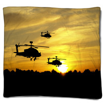 Helicopter Silhouettes On Sunset Background Blankets 43361552
