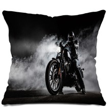 High Power Motorcycle Chopper With Man Rider At Night Pillows 153384974