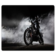 High Power Motorcycle Chopper With Man Rider At Night Rugs 153384974
