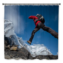 Hiker Jumps Over Rocks In Himalaya Mountains Bath Decor 64747093