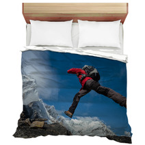 Hiker Jumps Over Rocks In Himalaya Mountains Bedding 64747093