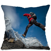 Hiker Jumps Over Rocks In Himalaya Mountains Pillows 64747093