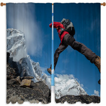 Hiker Jumps Over Rocks In Himalaya Mountains Window Curtains 64747093