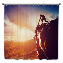 Hikers Climbing On Mountain. Help, Risk, Support, Assistance Bath Decor 66004066