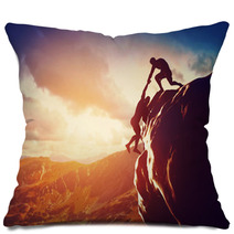 Hikers Climbing On Mountain. Help, Risk, Support, Assistance Pillows 66004066