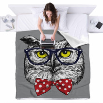 Hipster Owl With Glasses And Bow Tie Glasses And Tie Are Separated Blankets 94690229