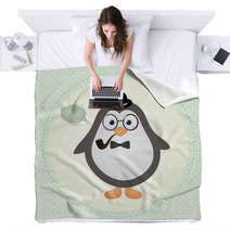 Hipster Penguin Textured Frame Design Illustration Blankets 59549533