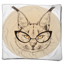Hipster Portrait Of Bobcat With Glasses Blankets 100514140