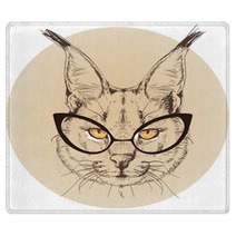 Hipster Portrait Of Bobcat With Glasses Rugs 100514140