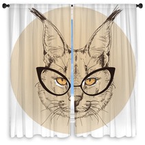 Hipster Portrait Of Bobcat With Glasses Window Curtains 100514140