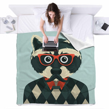 Hipster Raccoon With Mustache And Eyeglasses Blankets 55967695
