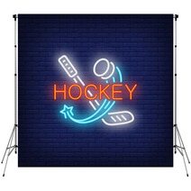 Hockey Neon Text With Stick And Flying Puck Hockey Advertisement Design Night Bright Neon Sign Colorful Billboard Light Banner Vector Illustration In Neon Style Backdrops 232046556
