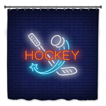 Hockey Neon Text With Stick And Flying Puck Hockey Advertisement Design Night Bright Neon Sign Colorful Billboard Light Banner Vector Illustration In Neon Style Bath Decor 232046556