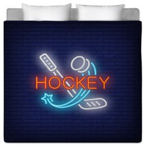 Hockey Neon Text With Stick And Flying Puck Hockey Advertisement Design Night Bright Neon Sign Colorful Billboard Light Banner Vector Illustration In Neon Style Bedding 232046556