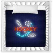 Hockey Neon Text With Stick And Flying Puck Hockey Advertisement Design Night Bright Neon Sign Colorful Billboard Light Banner Vector Illustration In Neon Style Nursery Decor 232046556