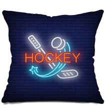 Hockey Neon Text With Stick And Flying Puck Hockey Advertisement Design Night Bright Neon Sign Colorful Billboard Light Banner Vector Illustration In Neon Style Pillows 232046556