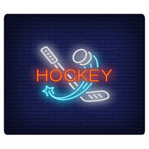 Hockey Neon Text With Stick And Flying Puck Hockey Advertisement Design Night Bright Neon Sign Colorful Billboard Light Banner Vector Illustration In Neon Style Rugs 232046556
