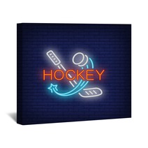 Hockey Neon Text With Stick And Flying Puck Hockey Advertisement Design Night Bright Neon Sign Colorful Billboard Light Banner Vector Illustration In Neon Style Wall Art 232046556