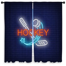 Hockey Neon Text With Stick And Flying Puck Hockey Advertisement Design Night Bright Neon Sign Colorful Billboard Light Banner Vector Illustration In Neon Style Window Curtains 232046556
