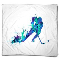 Hockey Player Spray Paint On A White Background Blankets 96146978