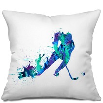 Hockey Player Spray Paint On A White Background Pillows 96146978
