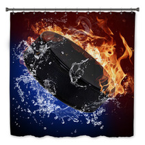 Hockey Puck In Fire Flames And Splashing Water Bath Decor 51750946