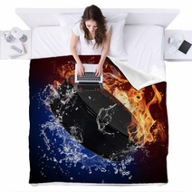 Hockey Puck In Fire Flames And Splashing Water Blankets 51750946