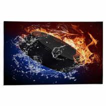 Hockey Puck In Fire Flames And Splashing Water Rugs 51750946