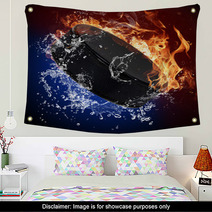 Hockey Puck In Fire Flames And Splashing Water Wall Art 51750946