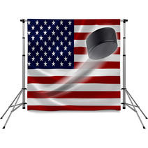 Hockey Puck Streaks Across USA's Flag Backdrops 64199881