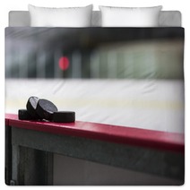 Hockey Pucks Resting On The Boards Bedding 123980919