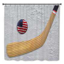 Hockey Stick And Puck On An American Hockey Rink Bath Decor 70600215