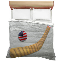 Hockey Stick And Puck On An American Hockey Rink Bedding 70600215