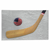Hockey Stick And Puck On An American Hockey Rink Rugs 70600215